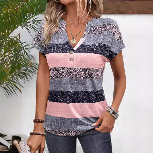 European And American Summer Short Sleeve Striped V-neck 3D Printed Casual T-shirt